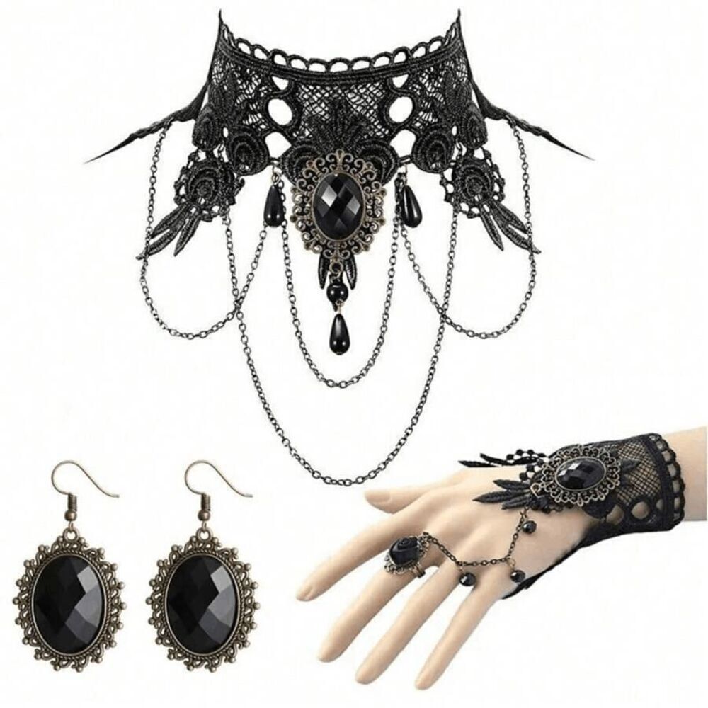 3PCS Gothic Victorian Vintage Retro Halloween Costume Black Accessories Set NEW